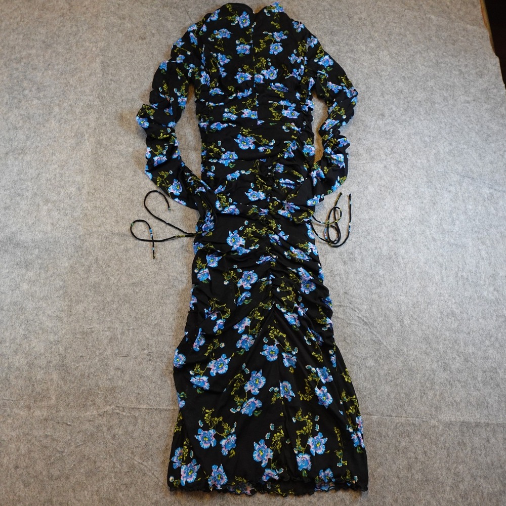 Diane von Furstenberg Dress Women Large Black Floral Rochelle Midi Mesh Ruched - Picture 7 of 11